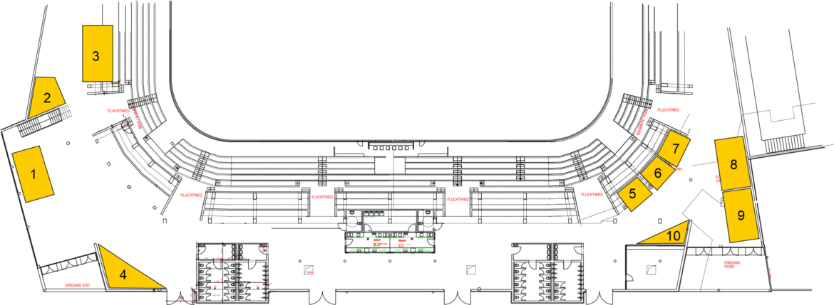 Lageplan der Saturn Arena mit markierten Ausstellerflächen.